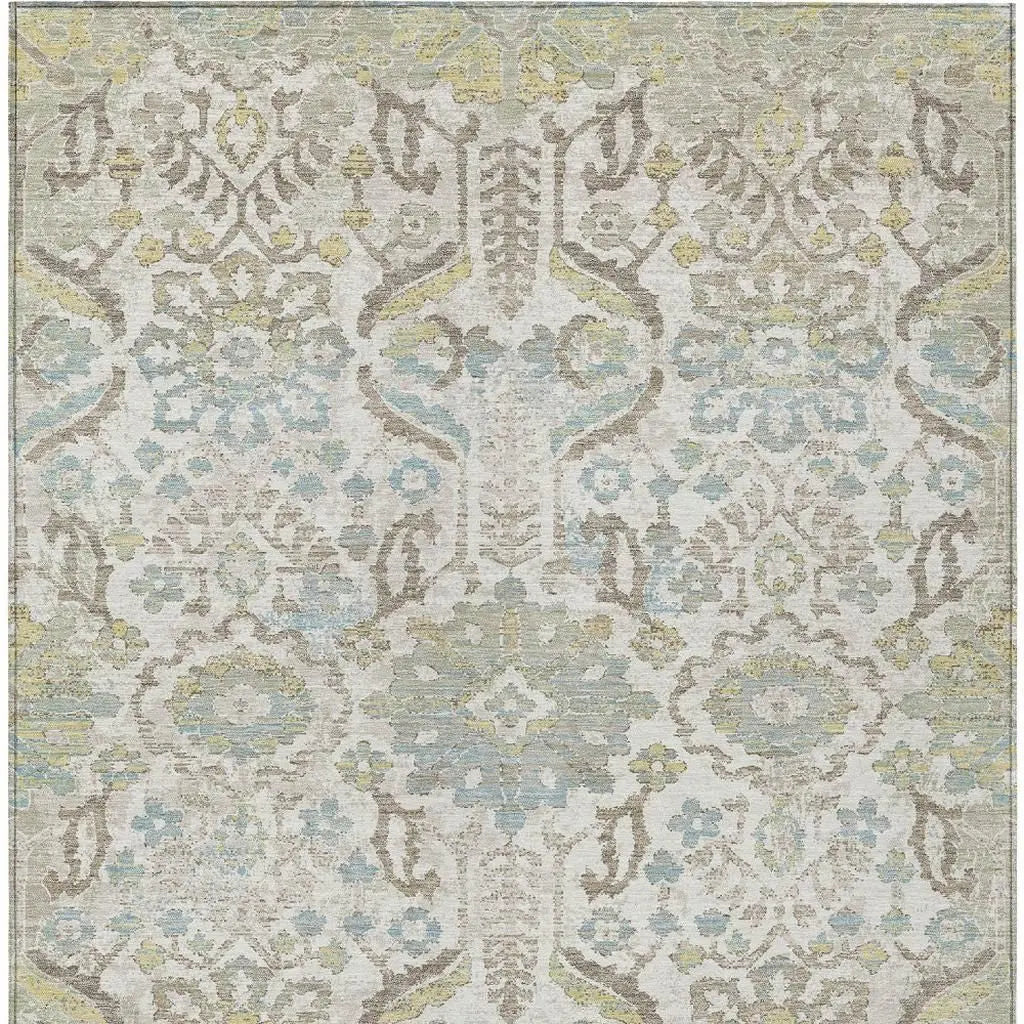 9' X 12' Ivory And Beige Damask Washable Indoor Outdoor Area Rug Homeroots Outdoor