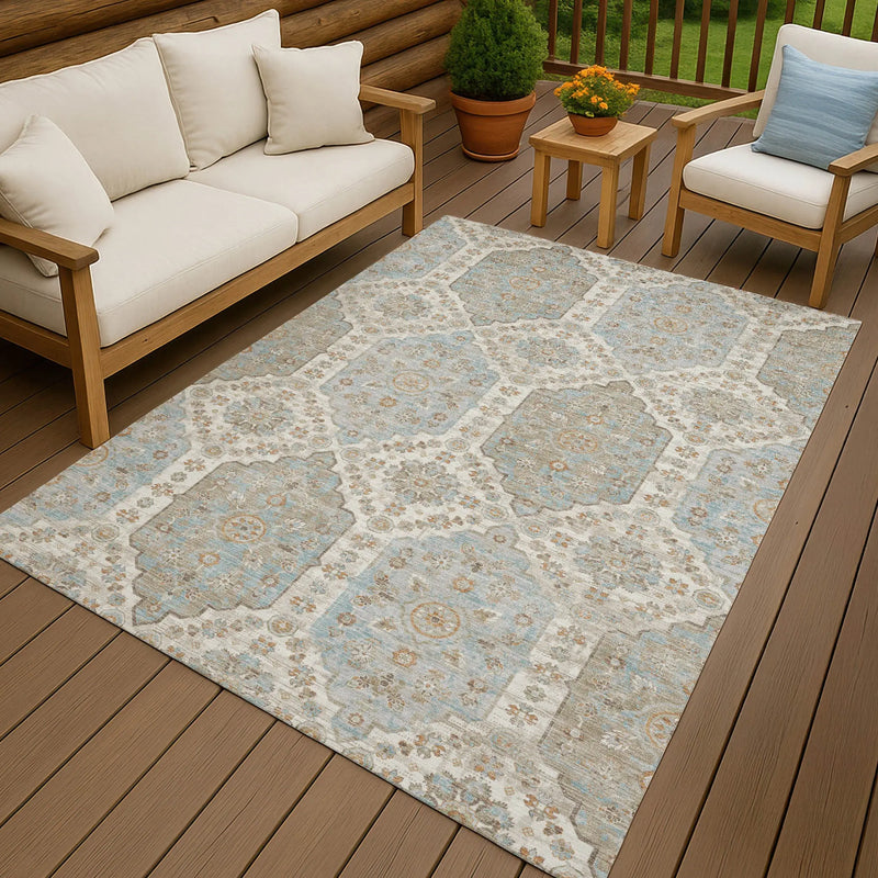 9' X 12' Ivory And Beige Damask Washable Indoor Outdoor Area Rug Homeroots Outdoor