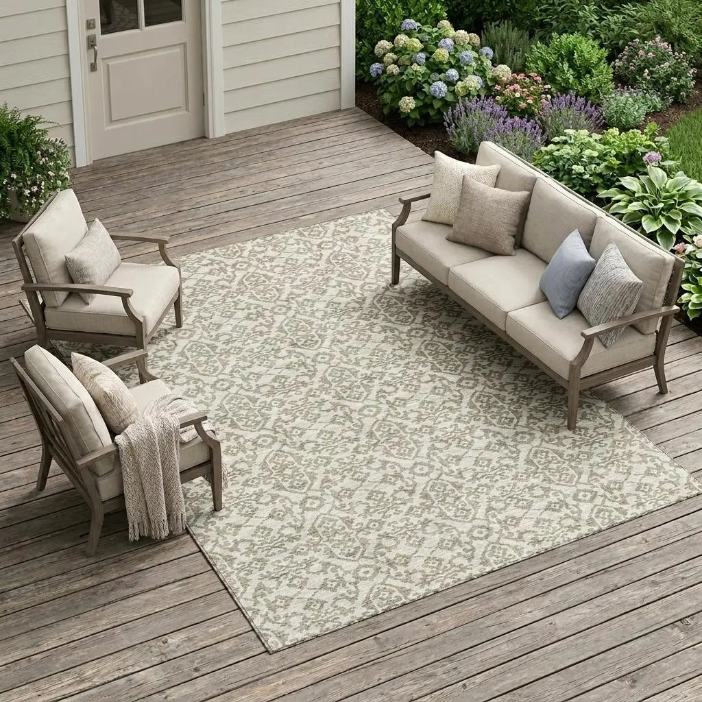 9' X 12' Ivory And Beige Damask Washable Indoor Outdoor Area Rug Homeroots Outdoor