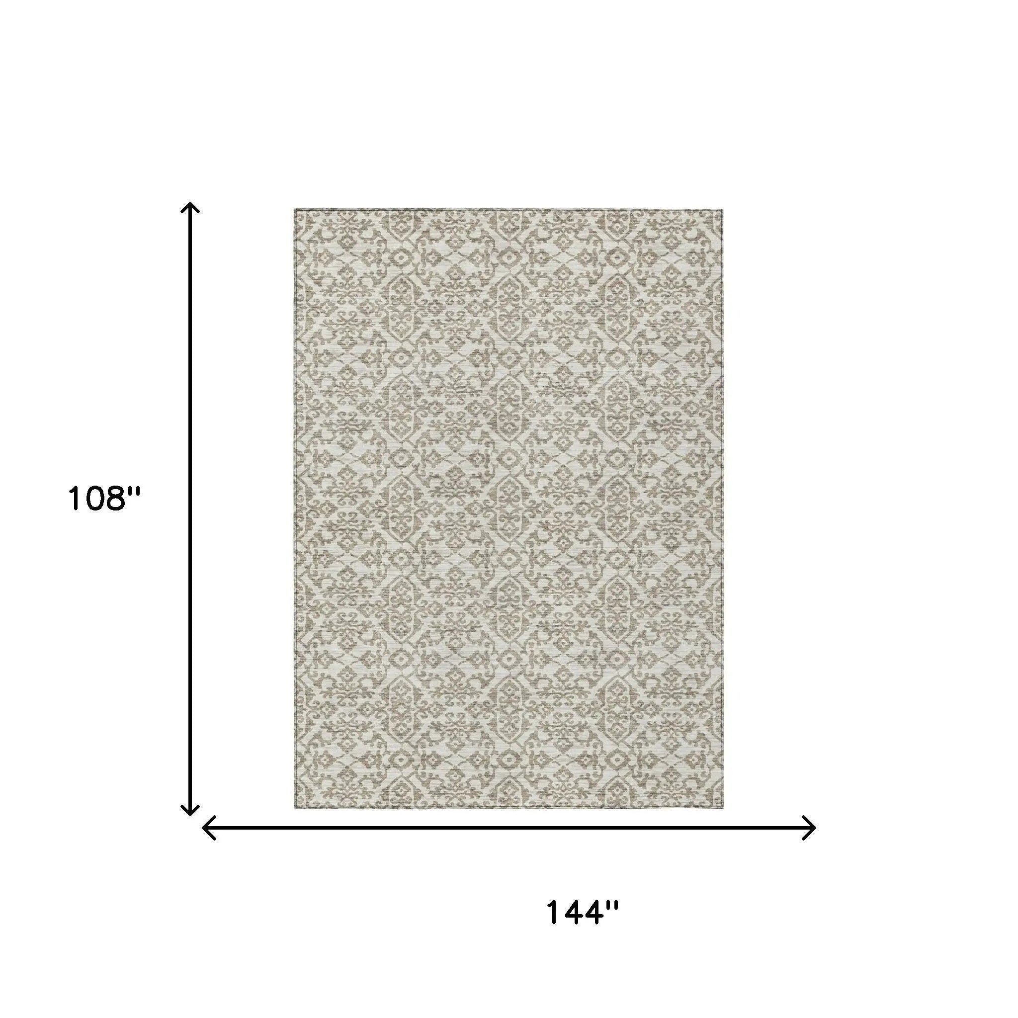 9' X 12' Ivory And Beige Damask Washable Indoor Outdoor Area Rug Homeroots Outdoor