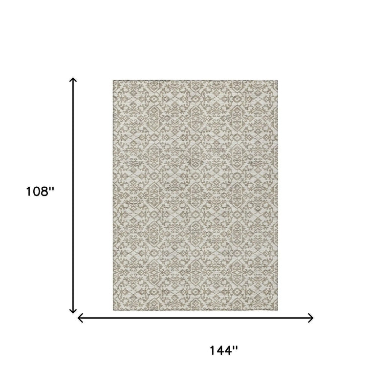 9' X 12' Ivory And Beige Damask Washable Indoor Outdoor Area Rug Homeroots Outdoor