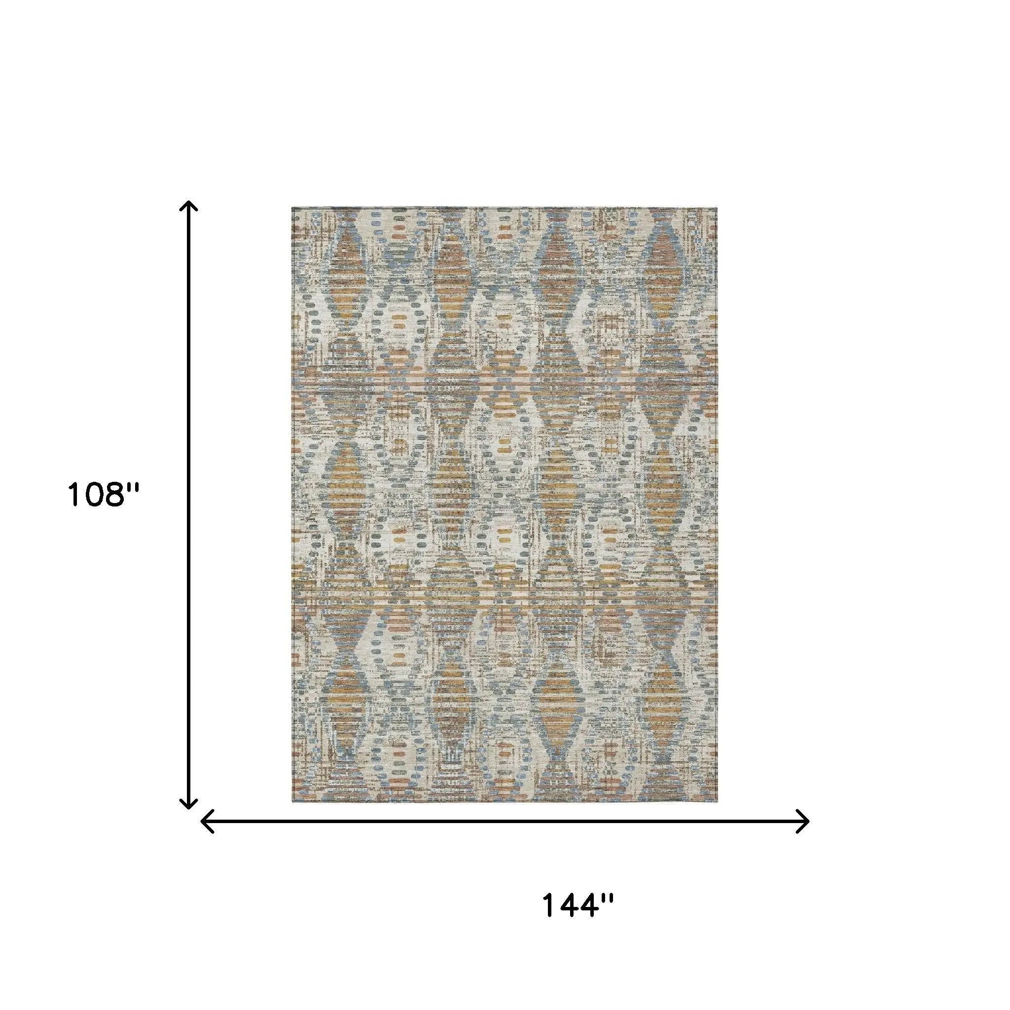 Multicolored abstract area rug in blue, beige, and gold, 12'x9' woven polypropylene, modern bohemian style.