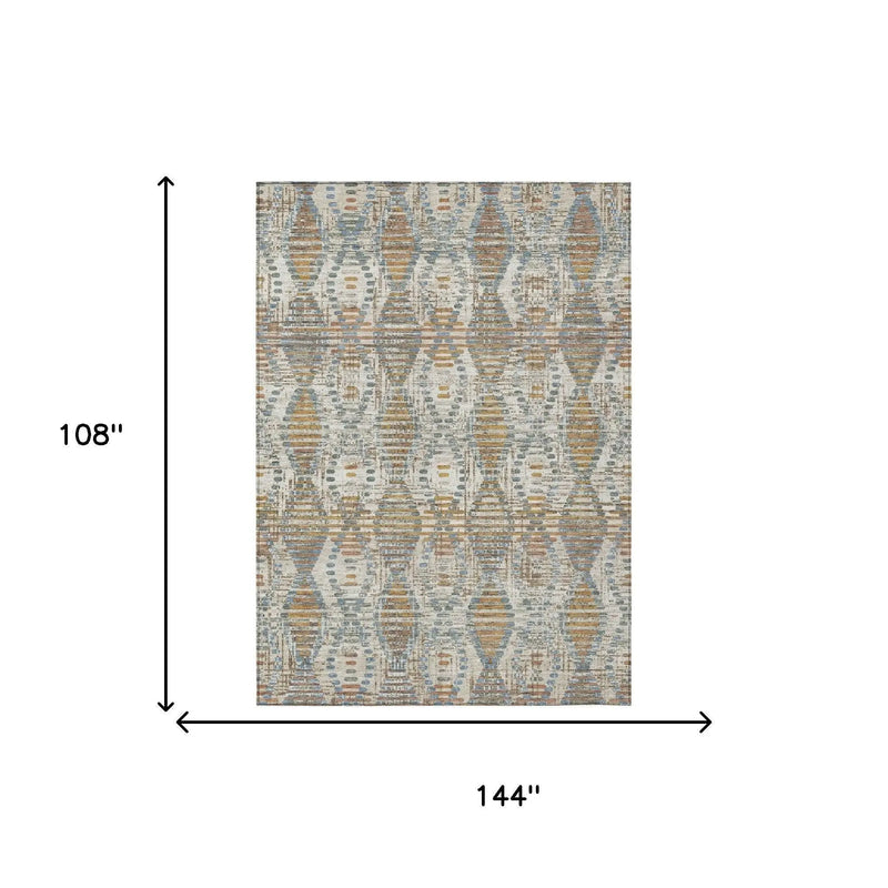 Multicolored abstract area rug in blue, beige, and gold, 12'x9' woven polypropylene, modern bohemian style.