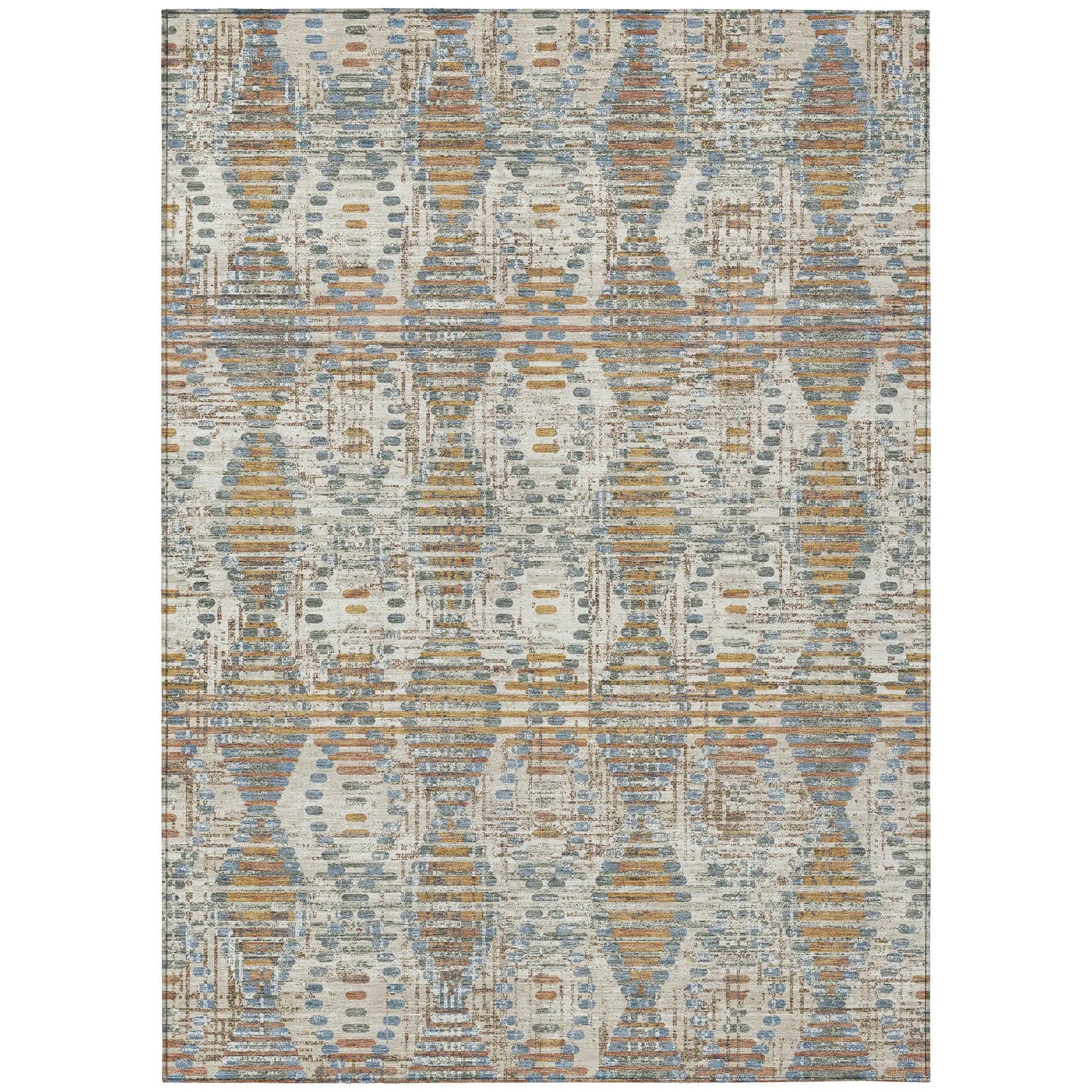 Blue, gold, and gray patterned area rug with a modern geometric design, perfect for contemporary decor.