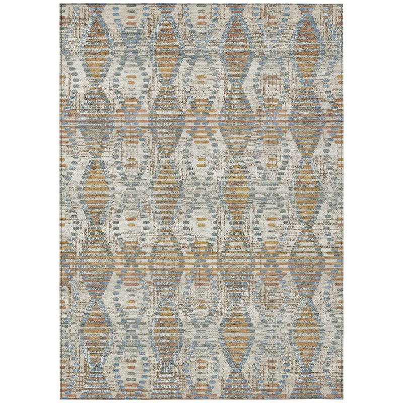 Blue, gold, and gray patterned area rug with a modern geometric design, perfect for contemporary decor.