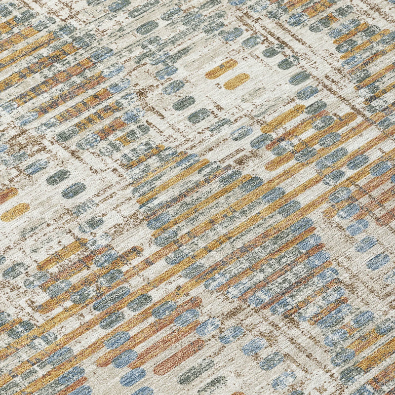 Multicolor abstract area rug in cream, featuring blue, orange, and brown patterns, crafted from durable synthetic fibers.