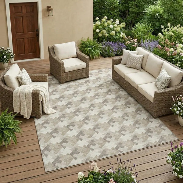 9' X 12' Ivory And Beige Geometric Washable Indoor Outdoor Area Rug Homeroots Outdoor