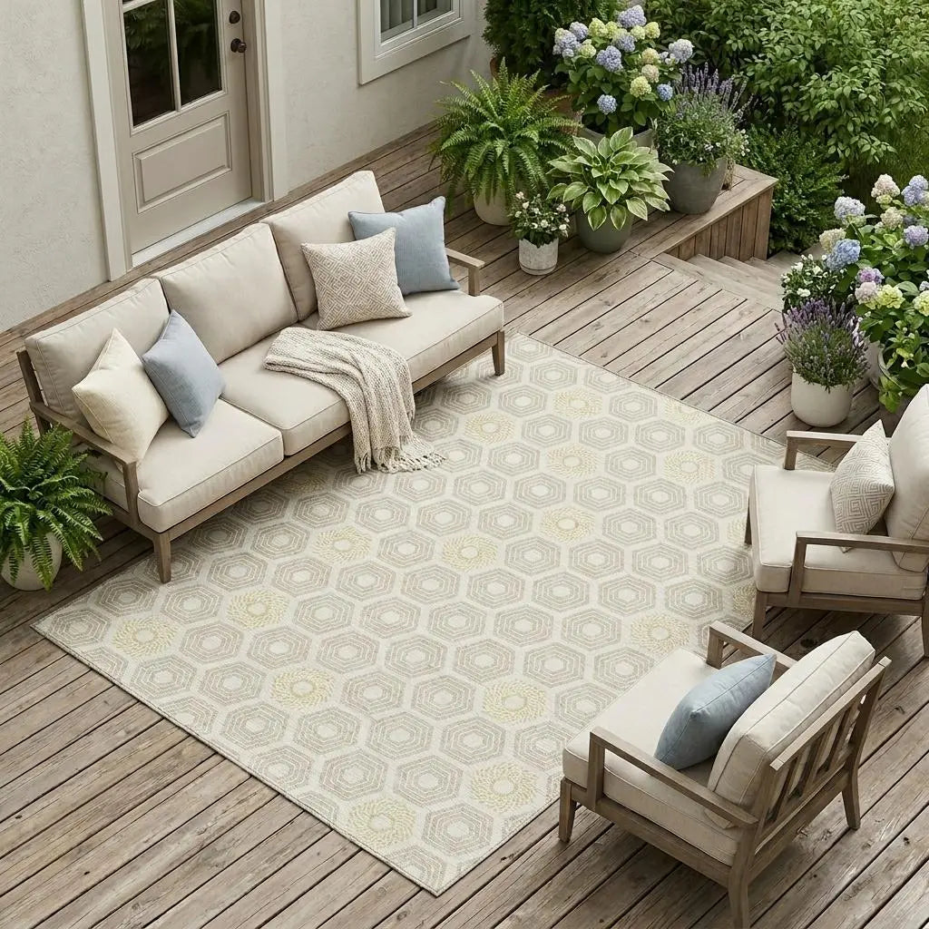 9' X 12' Ivory And Beige Geometric Washable Indoor Outdoor Area Rug Homeroots Outdoor