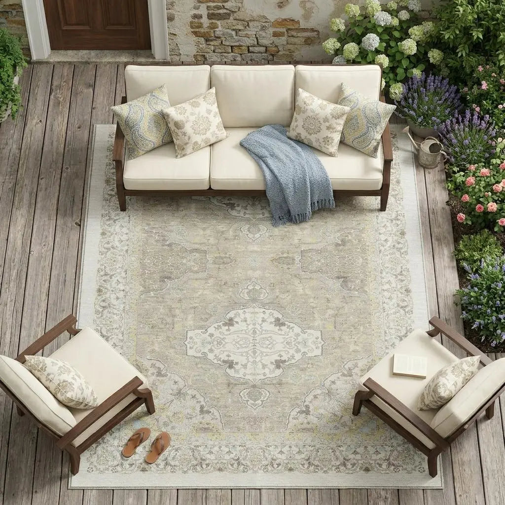9' X 12' Ivory And Beige Oriental Washable Indoor Outdoor Area Rug Homeroots Outdoor