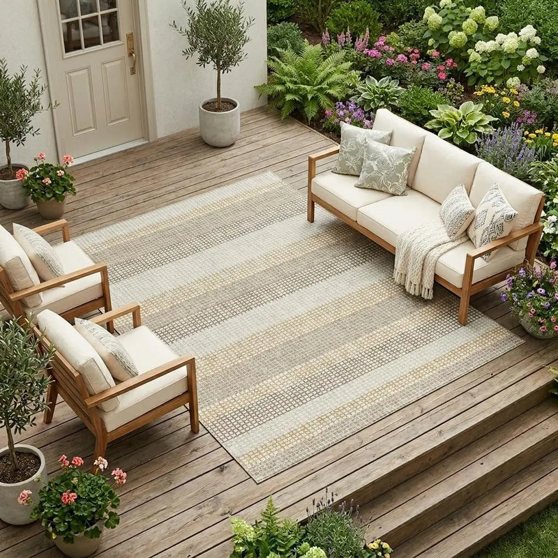 9' X 12' Ivory And Beige Striped Washable Indoor Outdoor Area Rug Homeroots Outdoor