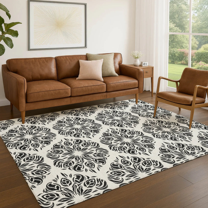 9' X 12' Ivory And Black Damask Washable Indoor Outdoor Area Rug Homeroots Outdoor