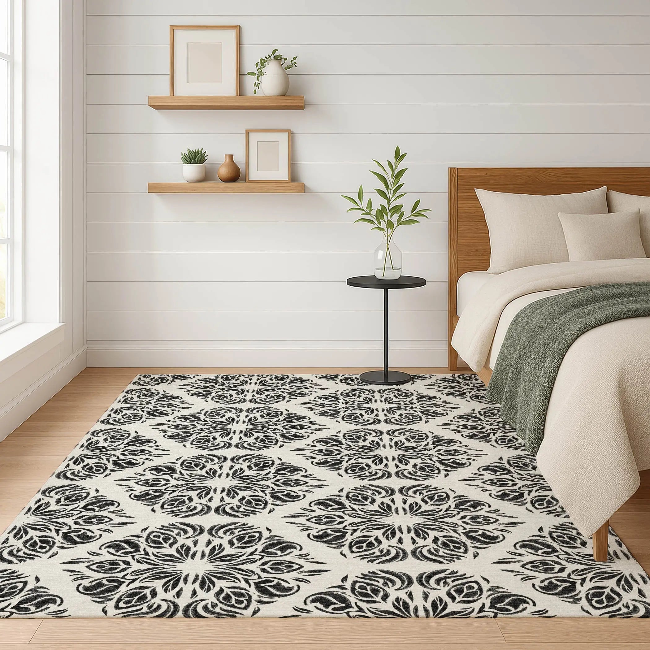 9' X 12' Ivory And Black Damask Washable Indoor Outdoor Area Rug Homeroots Outdoor