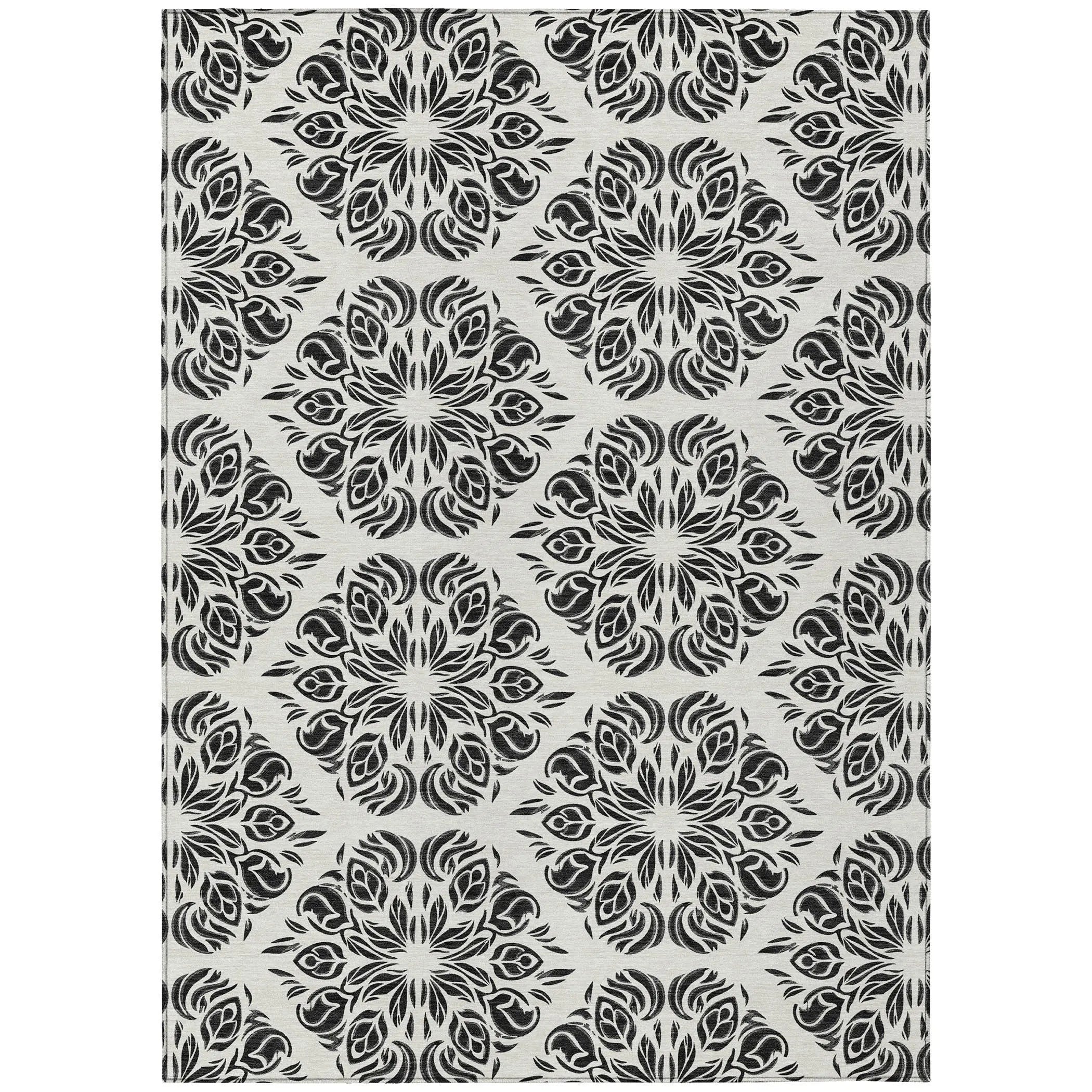 9' X 12' Ivory And Black Damask Washable Indoor Outdoor Area Rug Homeroots Outdoor