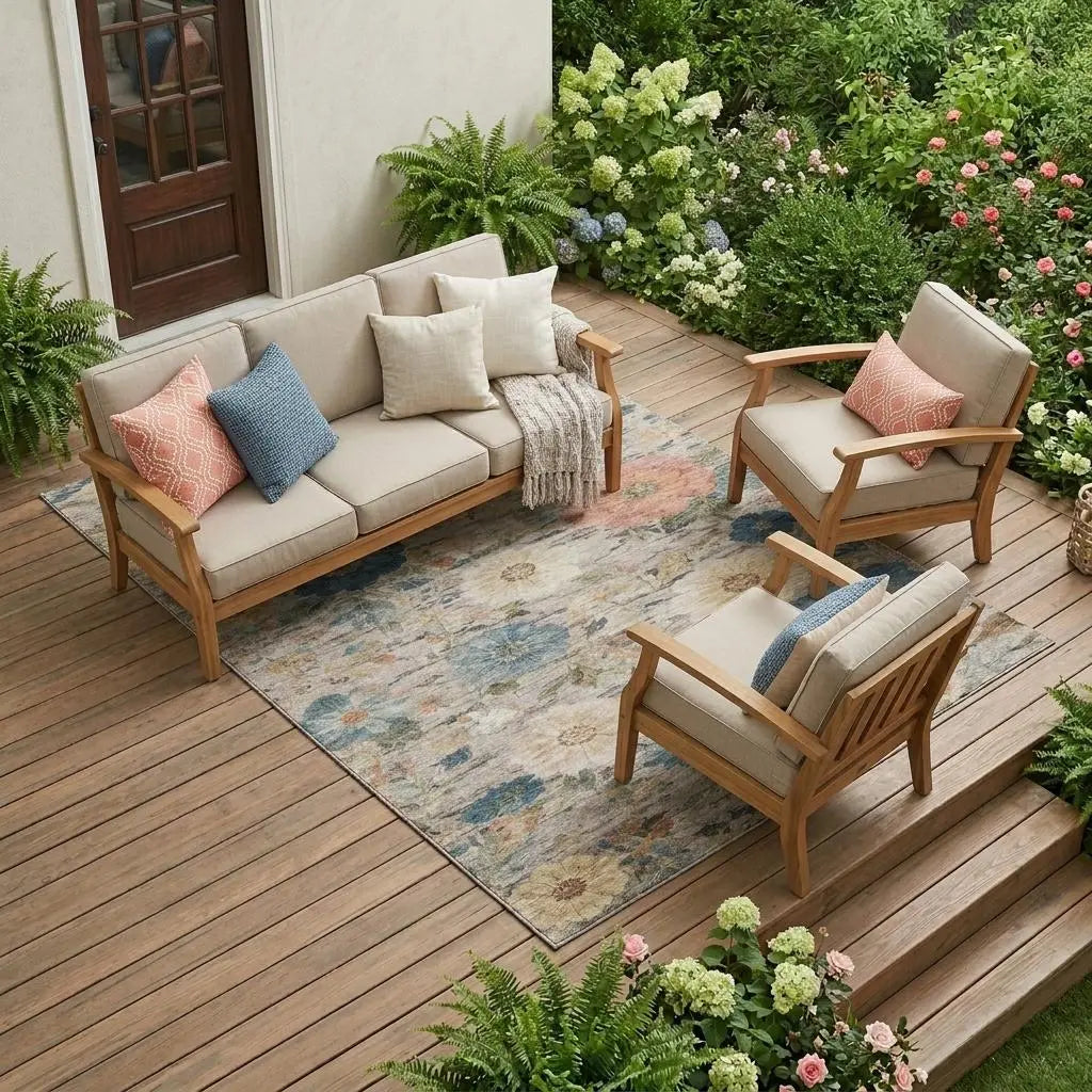 9' X 12' Ivory And Blue Floral Washable Indoor Outdoor Area Rug Homeroots Outdoor