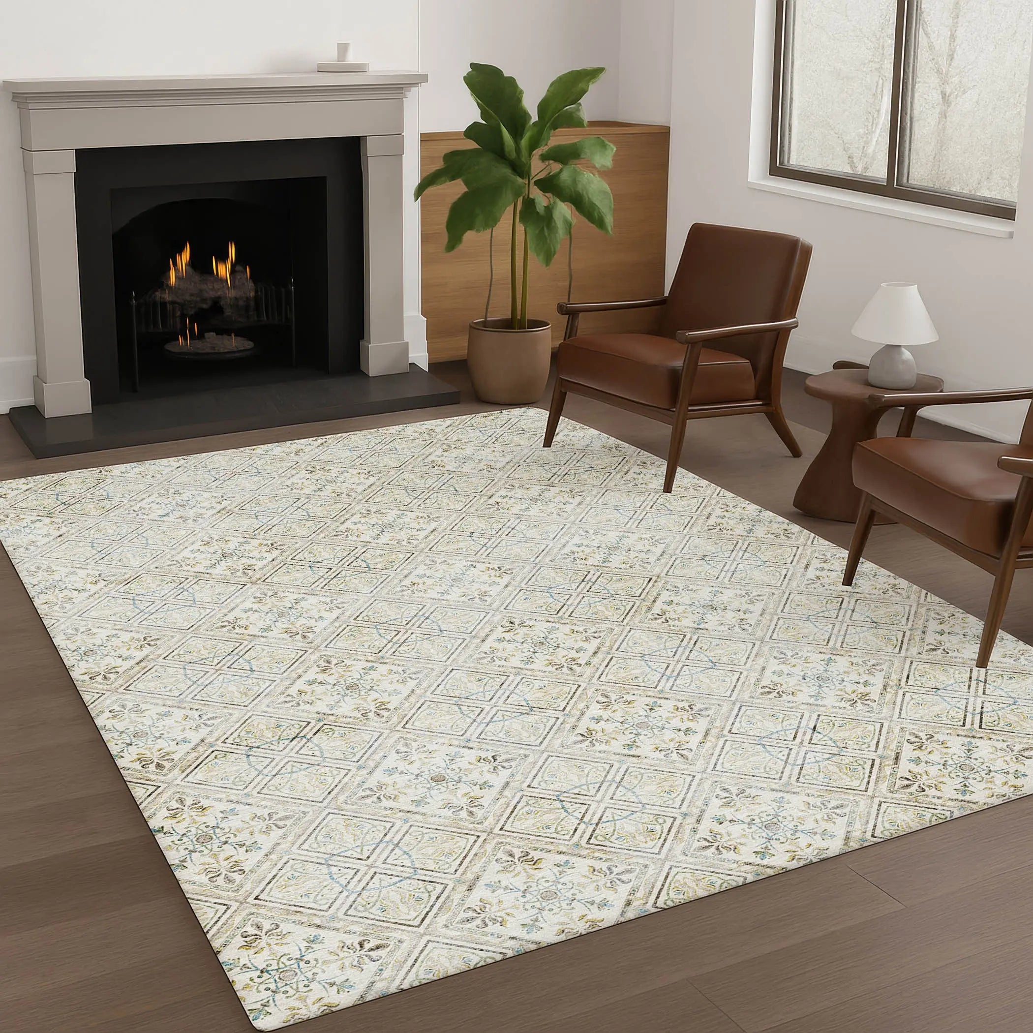 9' X 12' Ivory And Blue Geometric Washable Indoor Outdoor Area Rug Homeroots Outdoor