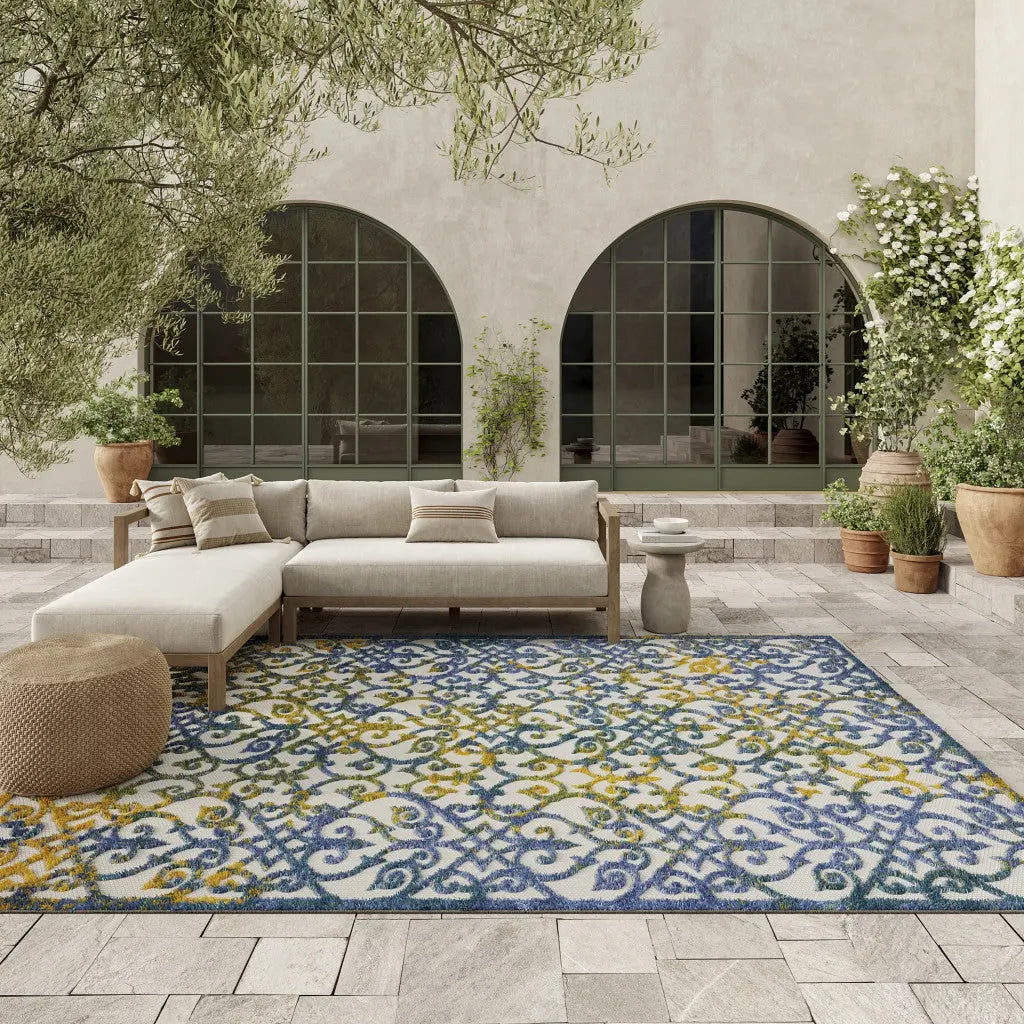 9' X 12' Ivory And Blue Indoor Outdoor Area Rug - GreatEagleInc