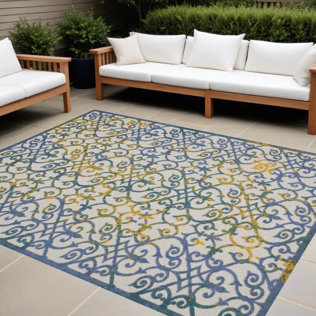 9' X 12' Ivory And Blue Indoor Outdoor Area Rug - GreatEagleInc