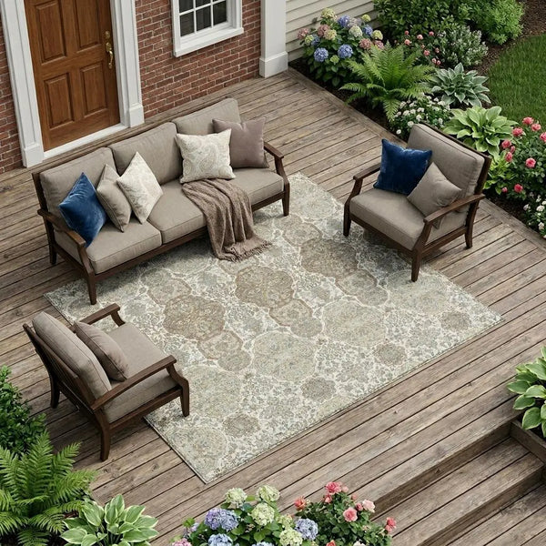 9' X 12' Ivory And Brown Floral Washable Indoor Outdoor Area Rug Homeroots Outdoor