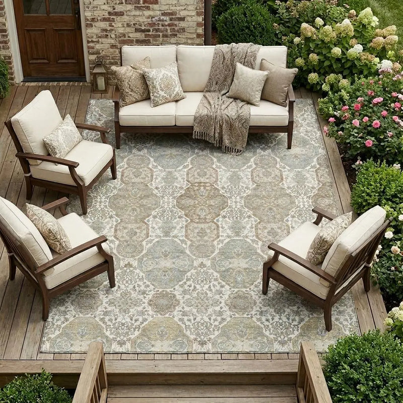 9' X 12' Ivory And Brown Floral Washable Indoor Outdoor Area Rug Homeroots Outdoor