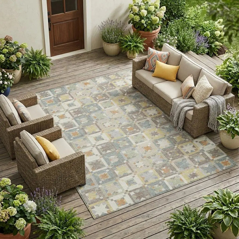 9' X 12' Ivory And Brown Patchwork Washable Indoor Outdoor Area Rug Homeroots Outdoor