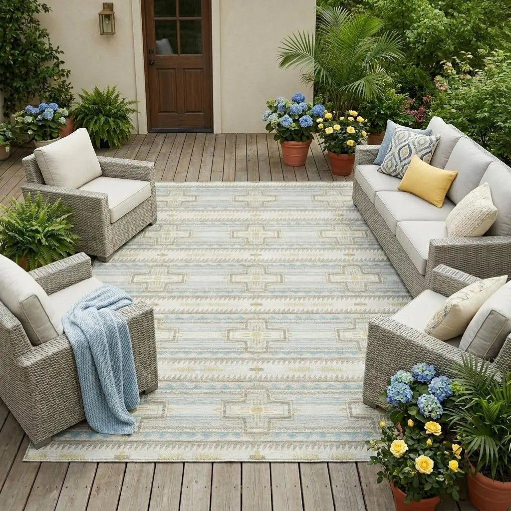 9' X 12' Ivory And Cream Tribal Washable Indoor Outdoor Area Rug Homeroots Outdoor