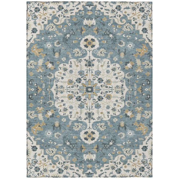 9' X 12' Ivory And Denim Blue Floral Medallion Washable Indoor Outdoor Area Rug Homeroots Outdoor