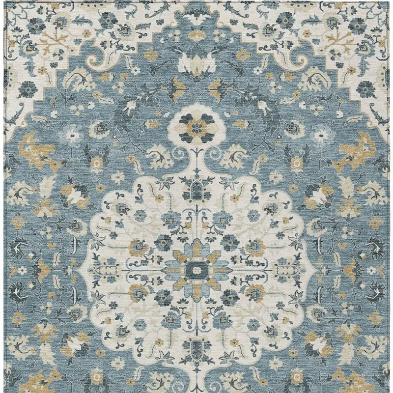 9' X 12' Ivory And Denim Blue Floral Medallion Washable Indoor Outdoor Area Rug Homeroots Outdoor