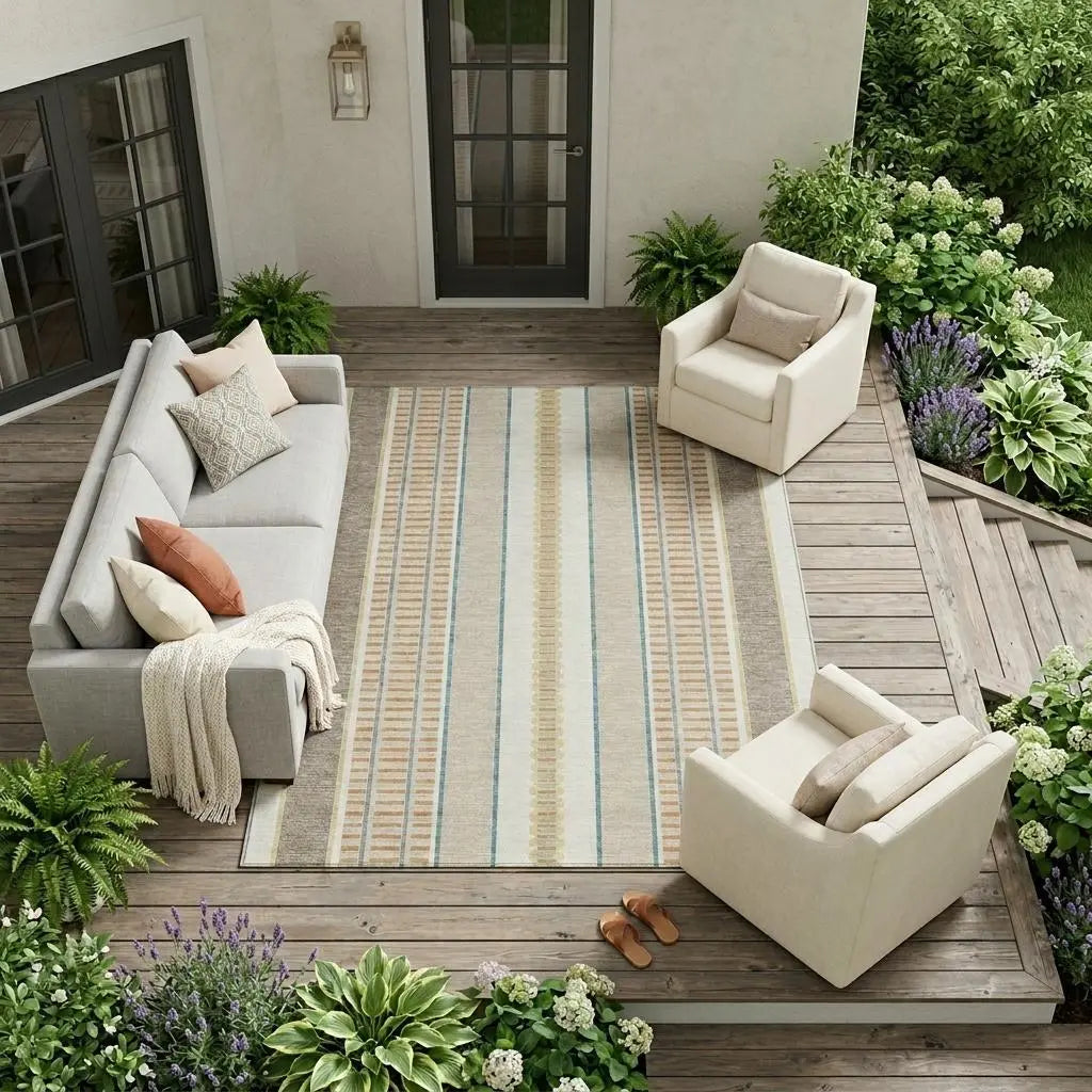 9' X 12' Ivory And Fern Green Striped Washable Indoor Outdoor Area Rug Homeroots Outdoor