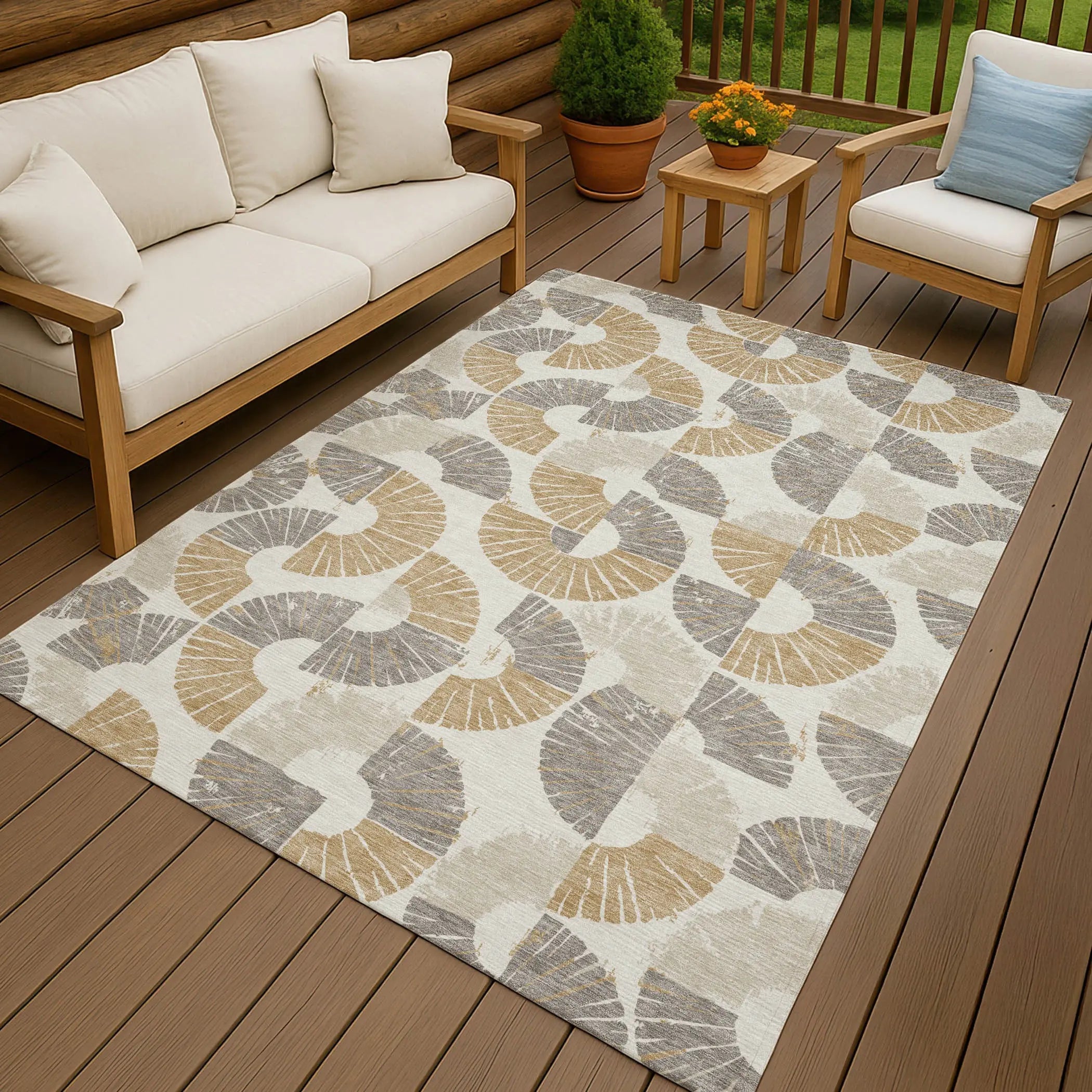 9' X 12' Ivory And Gold Geometric Washable Indoor Outdoor Area Rug Homeroots Outdoor