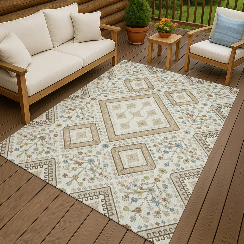 9' X 12' Ivory And Gold Medallion Washable Indoor Outdoor Area Rug Homeroots Outdoor
