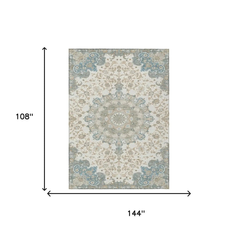 9' X 12' Ivory And Gray Floral Medallion Washable Indoor Outdoor Area Rug Homeroots Outdoor