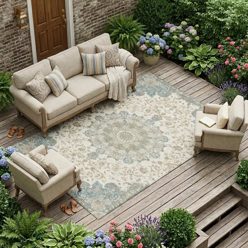 9' X 12' Ivory And Gray Floral Medallion Washable Indoor Outdoor Area Rug Homeroots Outdoor