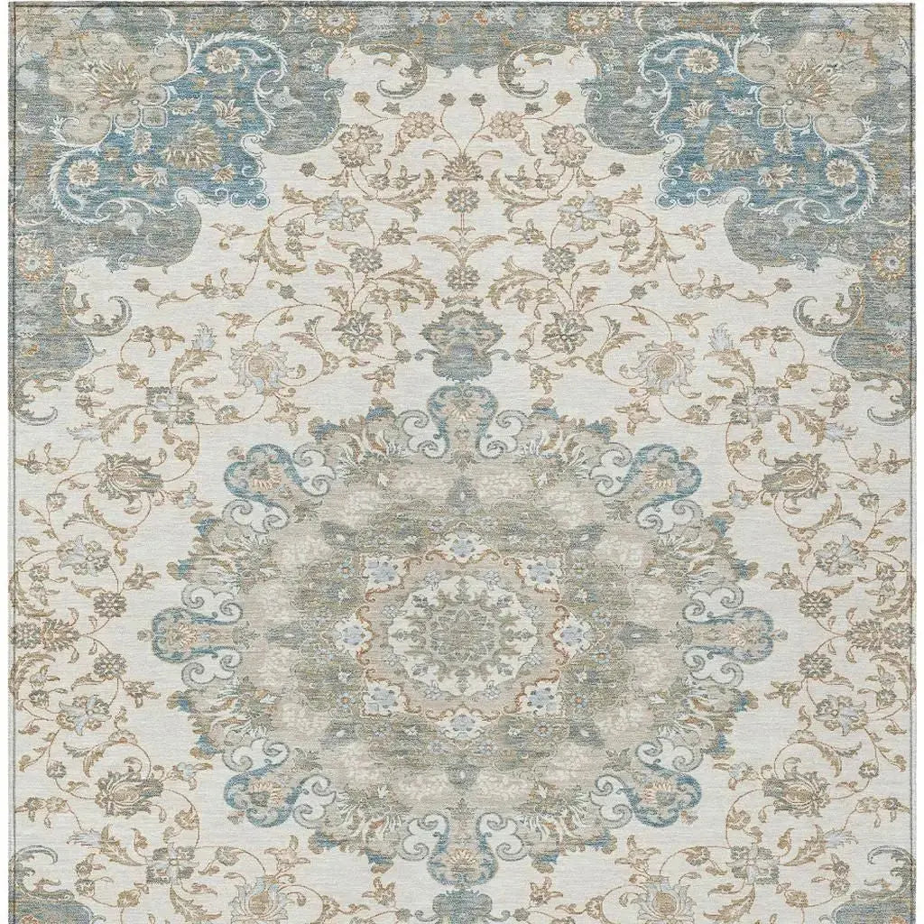 9' X 12' Ivory And Gray Floral Medallion Washable Indoor Outdoor Area Rug Homeroots Outdoor