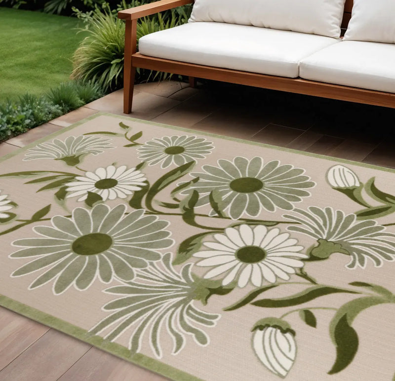 9' X 12' Ivory And Green Floral Indoor Outdoor Area Rug Homeroots Outdoor
