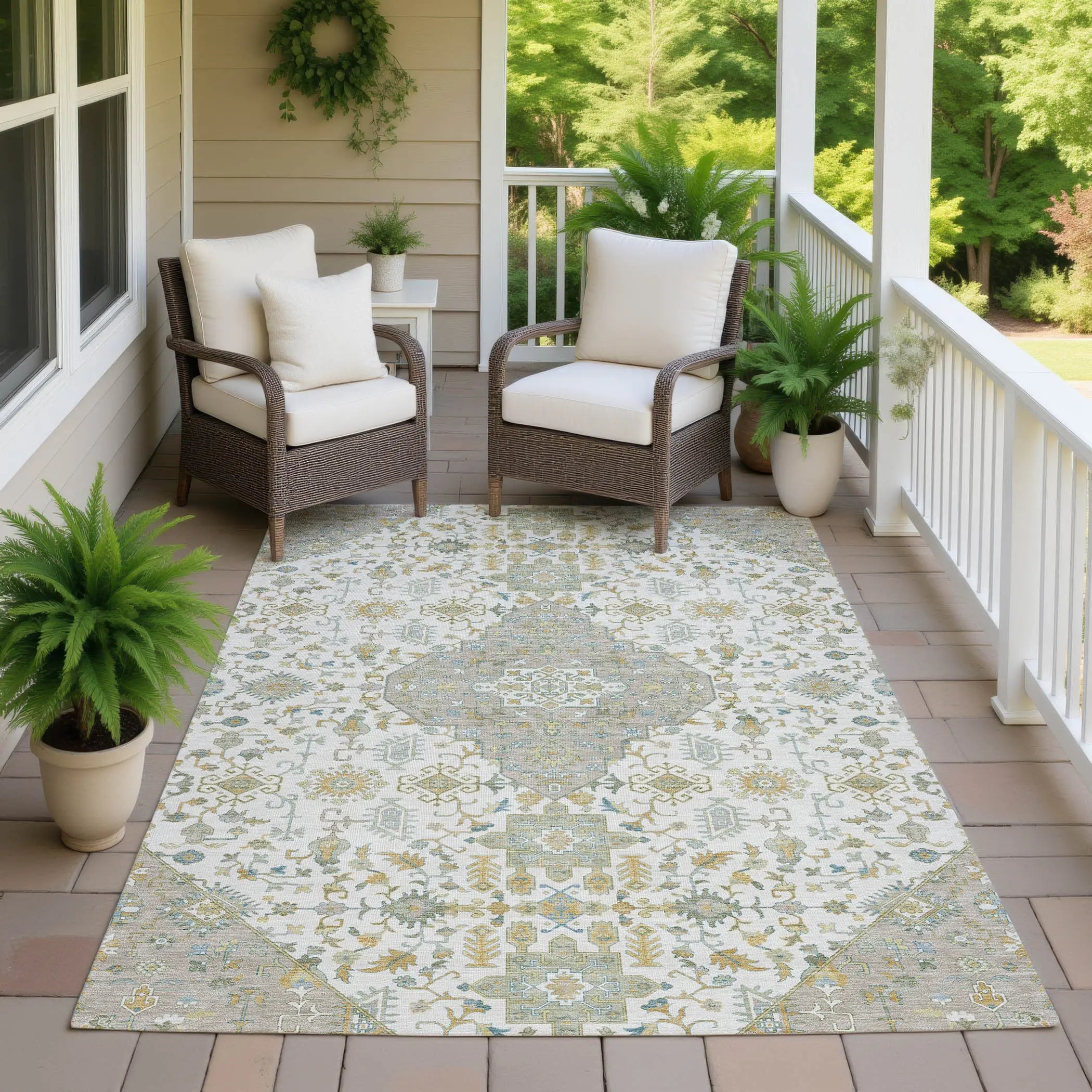 9' X 12' Ivory And Green Medallion Washable Indoor Outdoor Area Rug Homeroots Outdoor