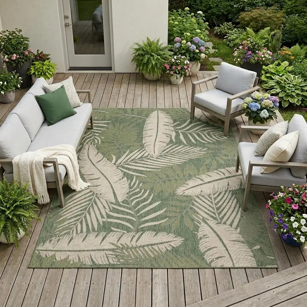 9' X 12' Ivory And Green Palm Leaf Indoor Outdoor Area Rug Homeroots Outdoor