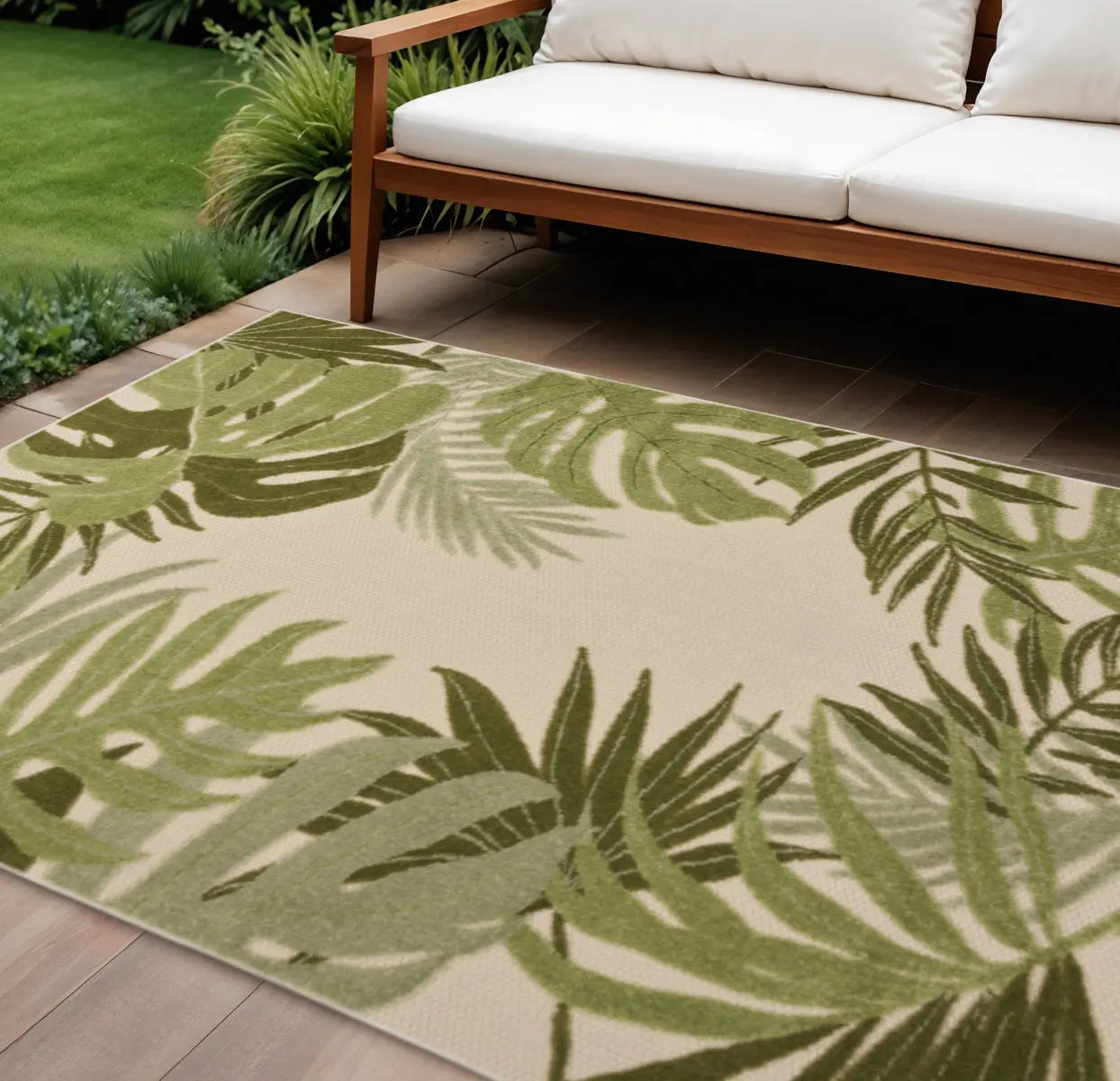 9' X 12' Ivory And Green Palm Leaf Indoor Outdoor Area Rug Homeroots Outdoor