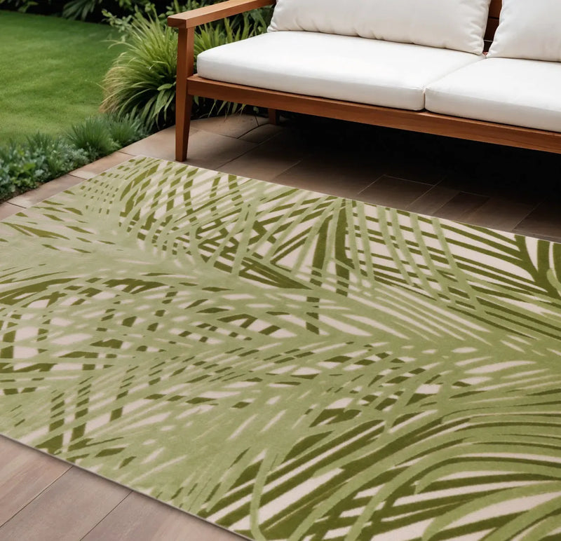 9' X 12' Ivory And Green Palm Leaf Indoor Outdoor Area Rug Homeroots Outdoor