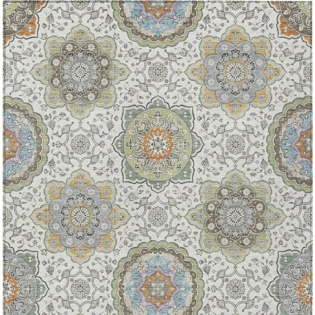9' X 12' Ivory And Khaki Floral Medallion Washable Indoor Outdoor Area Rug Homeroots Outdoor