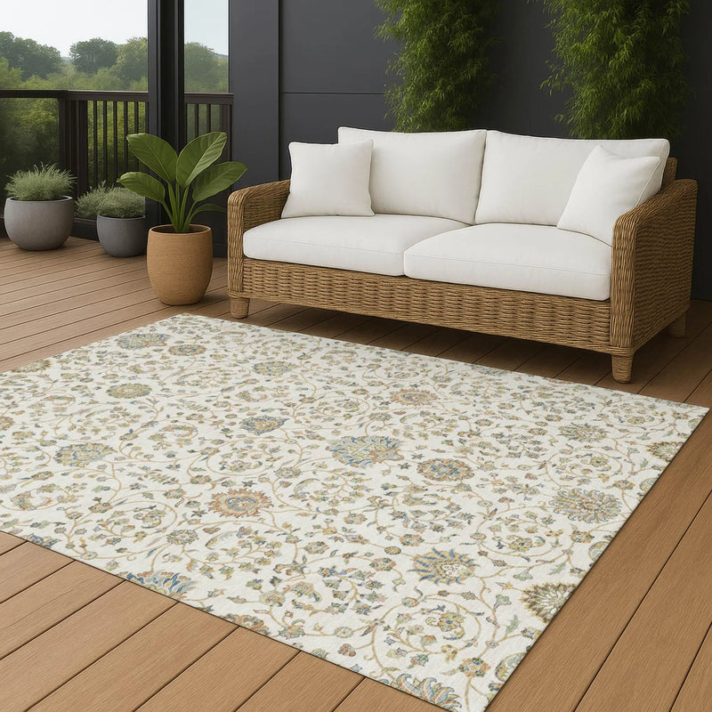 9' X 12' Ivory And Khaki Floral Washable Indoor Outdoor Area Rug Homeroots Outdoor