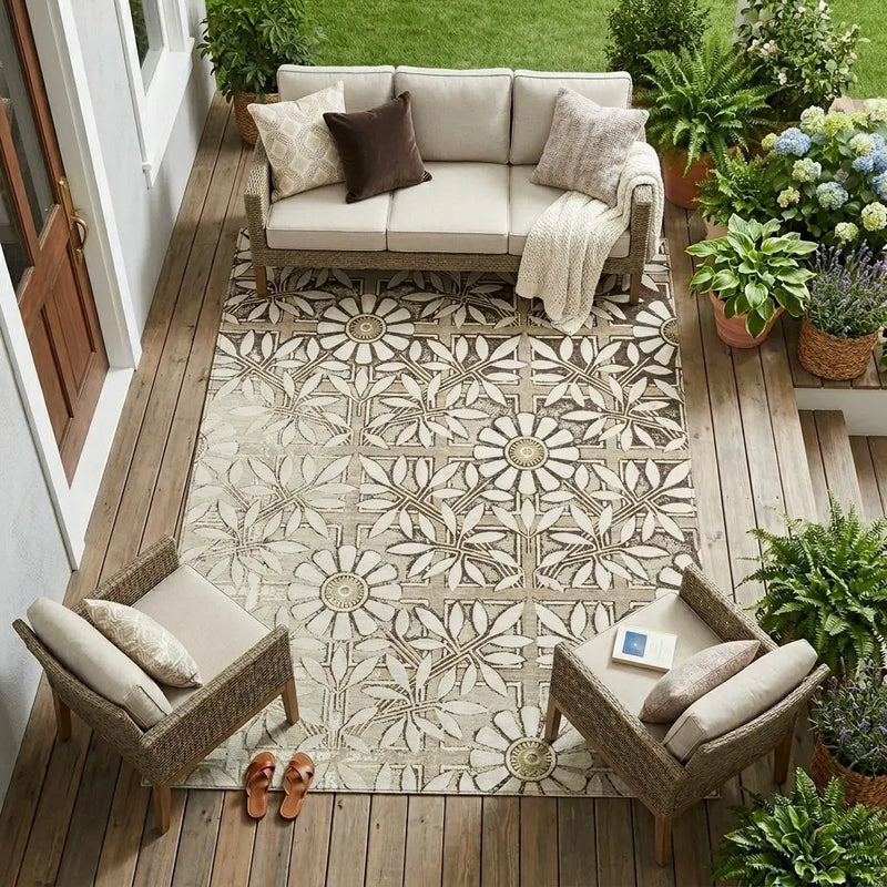 9' X 12' Ivory And Khaki Floral Washable Indoor Outdoor Area Rug Homeroots Outdoor