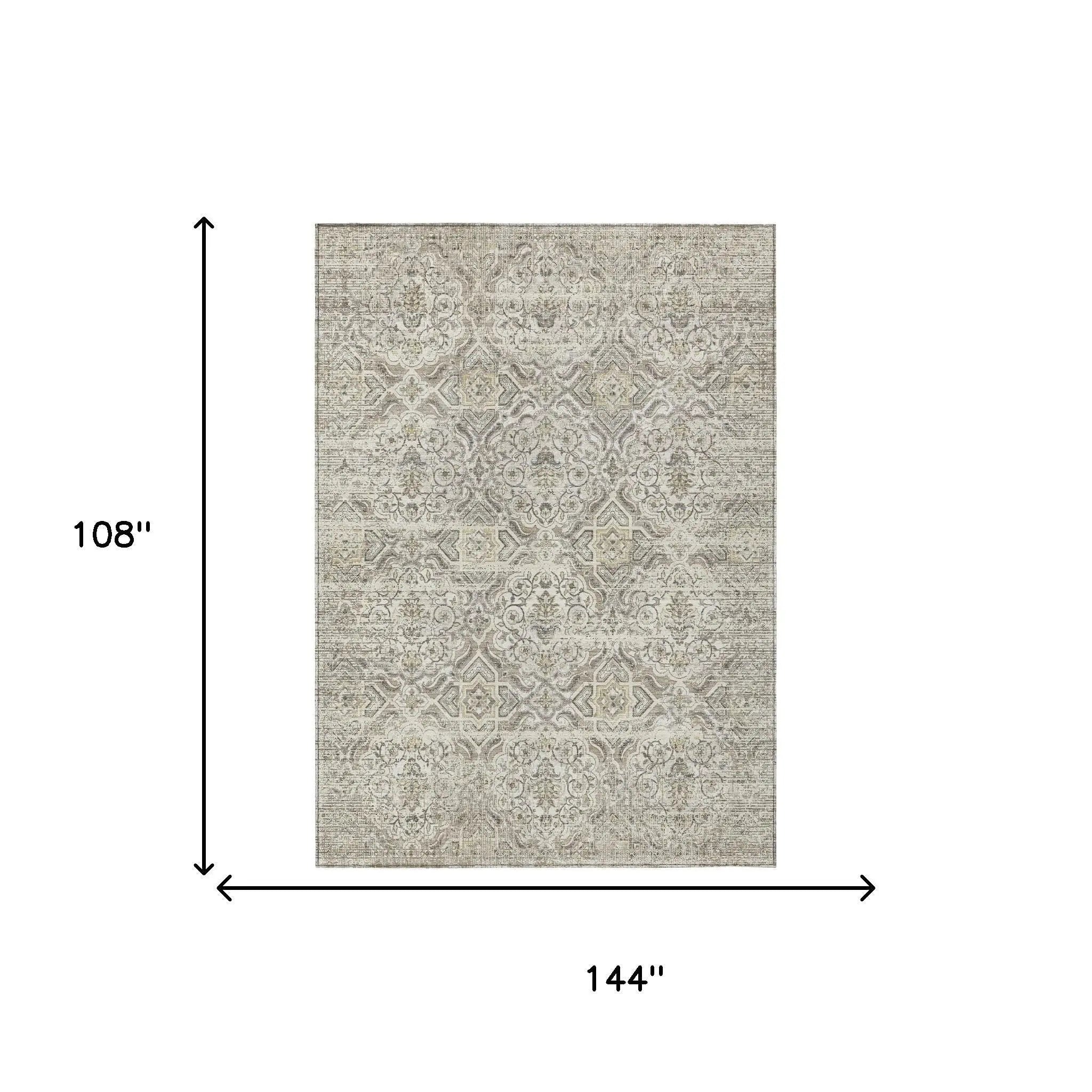 9' X 12' Ivory And Linen Floral Washable Indoor Outdoor Area Rug Homeroots Outdoor