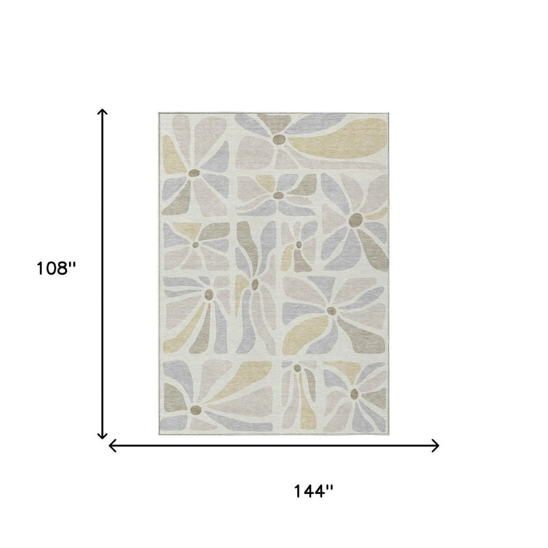 9' X 12' Ivory And Linen Floral Washable Indoor Outdoor Area Rug Homeroots Outdoor