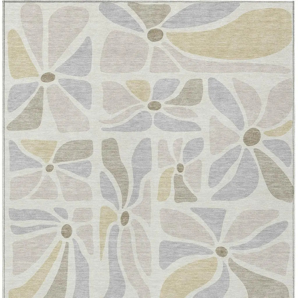9' X 12' Ivory And Linen Floral Washable Indoor Outdoor Area Rug Homeroots Outdoor