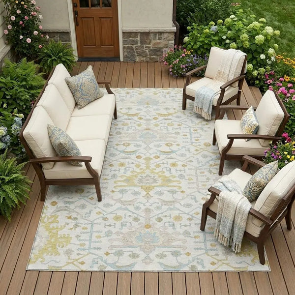 9' X 12' Ivory And Linen Oriental Washable Indoor Outdoor Area Rug Homeroots Outdoor