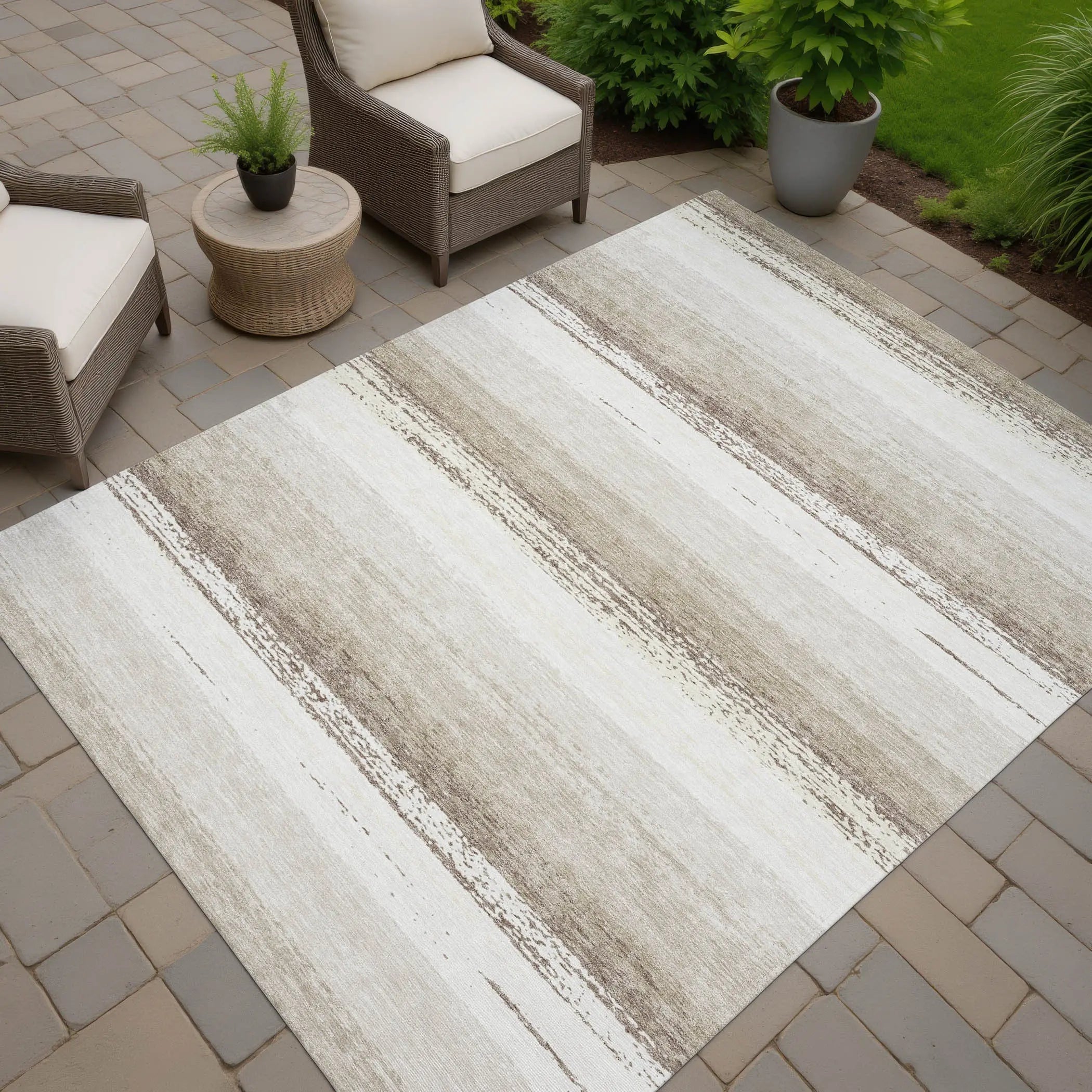 9' X 12' Ivory And Linen Striped Washable Indoor Outdoor Area Rug Homeroots Outdoor