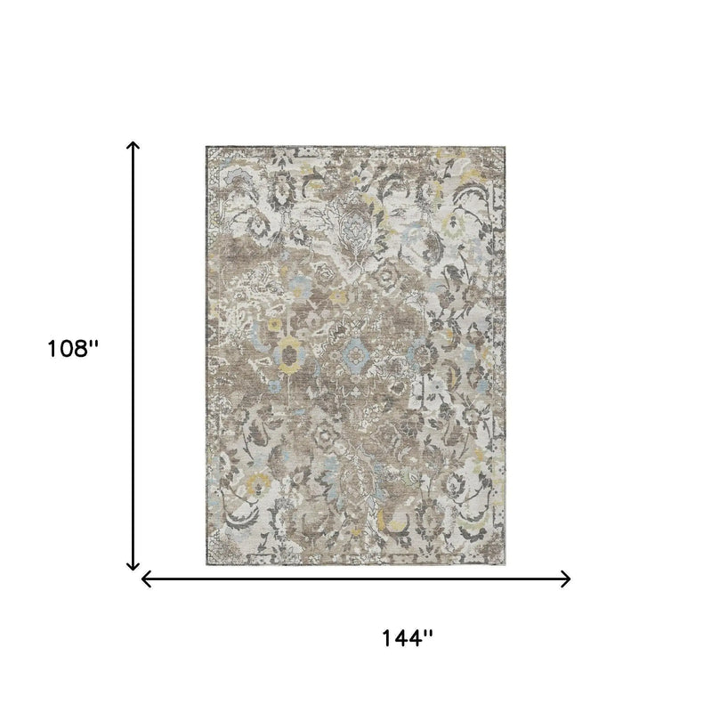 9' X 12' Ivory And Pewter Floral Washable Indoor Outdoor Area Rug Homeroots Outdoor