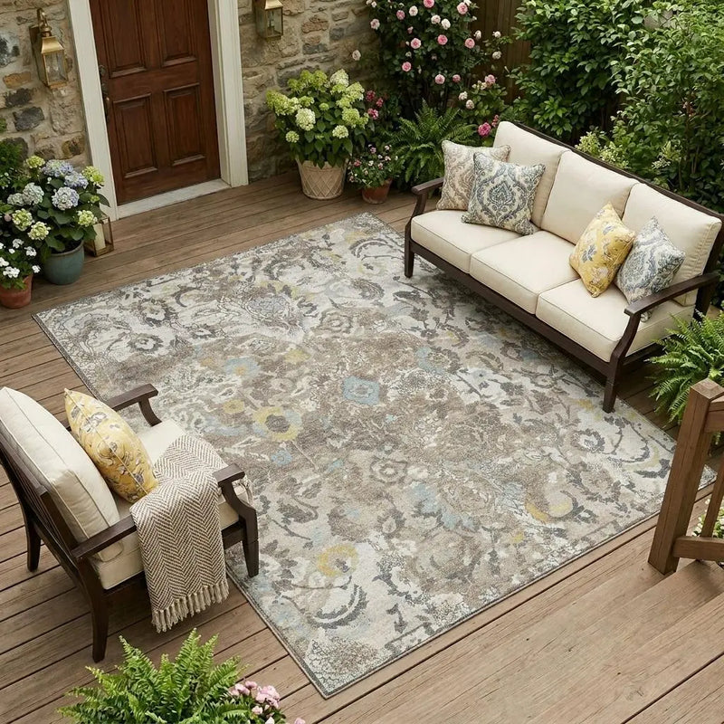 9' X 12' Ivory And Pewter Floral Washable Indoor Outdoor Area Rug Homeroots Outdoor