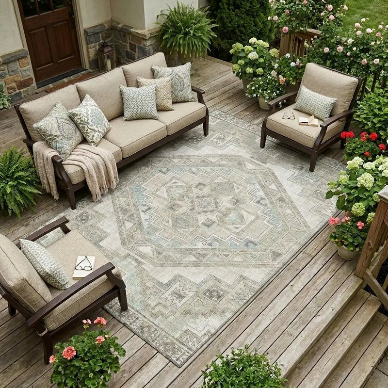 9' X 12' Ivory And Pewter Southwestern Washable Indoor Outdoor Area Rug Homeroots Outdoor