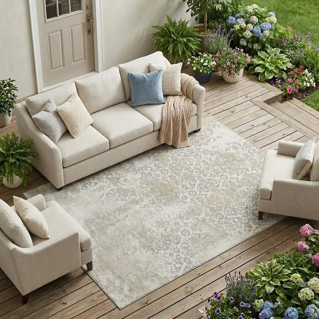 9' X 12' Ivory And Silver Abstract Washable Indoor Outdoor Area Rug Homeroots Outdoor